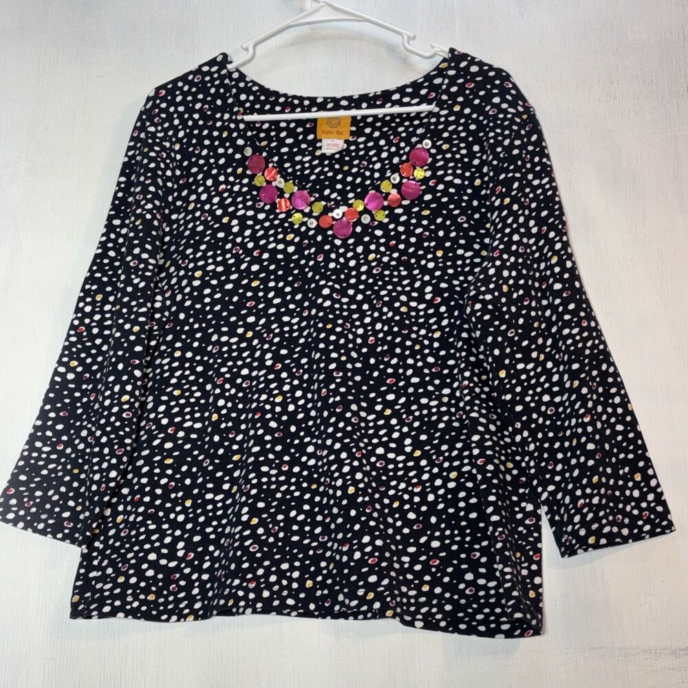 Ruby Rd Women’s XL Top Black White 3/4 Sleeve Multi Colored Beads V Neckline